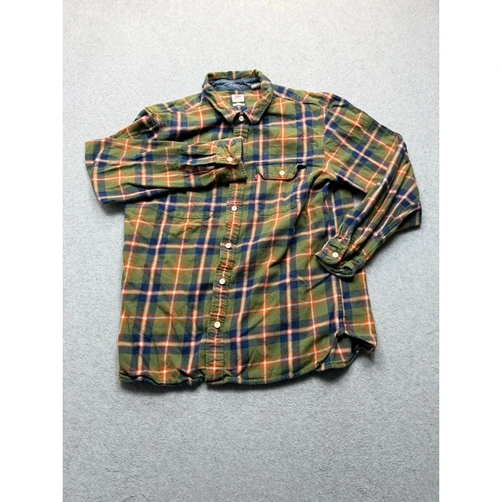 Levis Relaxed Fit Flannel Shirt Mens Large Green Orange Plaid Long Sleeve Cotton